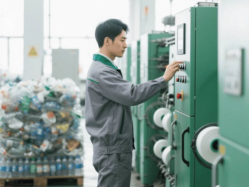 Engineers operate on-site green recycled PET yarn production line